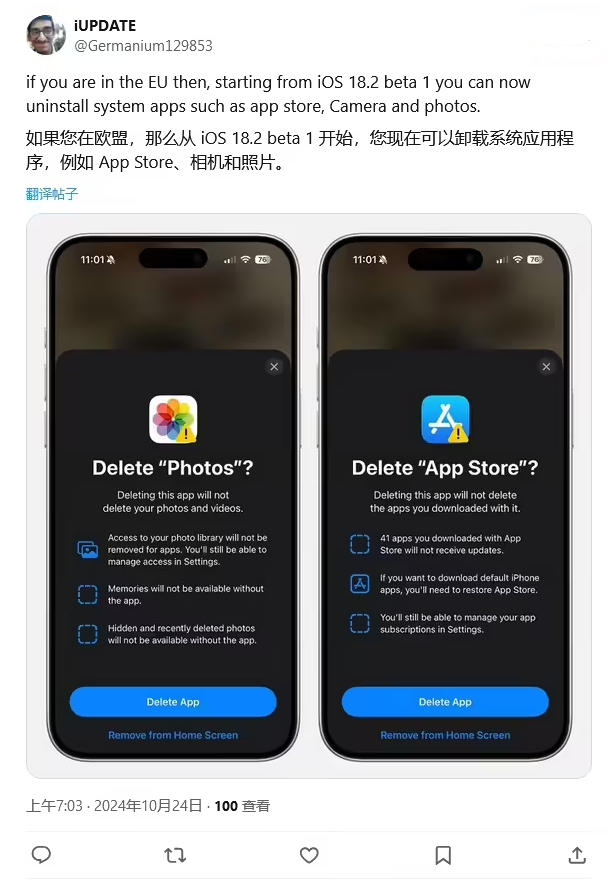 沙湖镇苹果手机维修分享iOS 18.2 支持删除 App Store 应用商店 